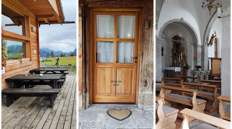 3 luoghi di Sauris, la chiesa,  un ristorante ed una porta in legno tipica delle zone di montagna
